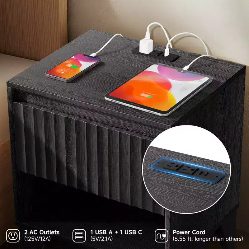 1-Drawer Nightstand with Charging Station, Versatile Side Table with Storage