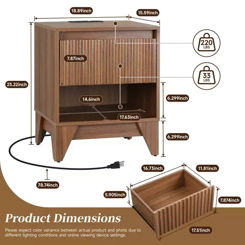 1-Drawer Nightstand with Charging Station, Versatile Side Table with Storage