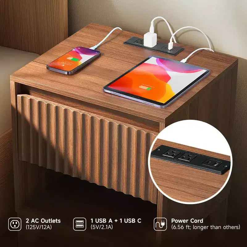 1-Drawer Nightstand with Charging Station, Versatile Side Table with Storage