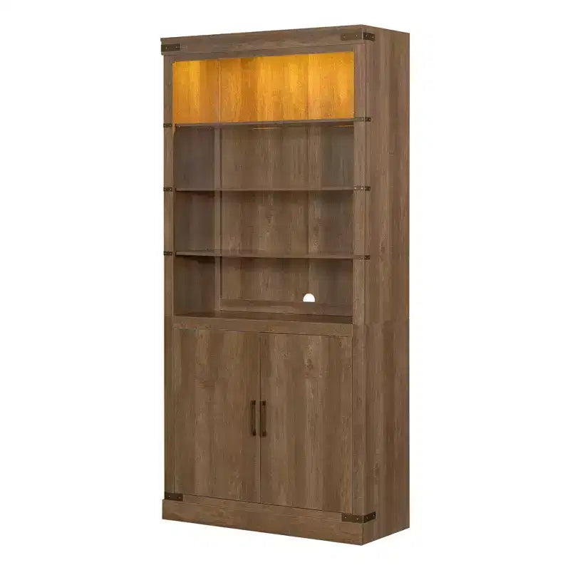 4-Tier Bookshelf Bookcase with LED Light, Adjustable Shelves & Cabinet Doors, Walnut Retro Farmhouse