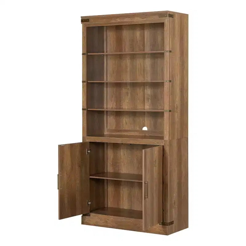 4-Tier Bookshelf Bookcase with LED Light, Adjustable Shelves & Cabinet Doors, Walnut Retro Farmhouse