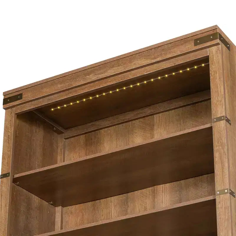 4-Tier Bookshelf Bookcase with LED Light, Adjustable Shelves & Cabinet Doors, Walnut Retro Farmhouse