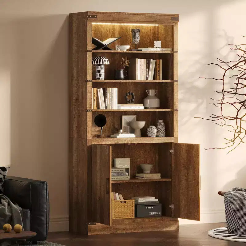 4-Tier Bookshelf Bookcase with LED Light, Adjustable Shelves & Cabinet Doors, Walnut Retro Farmhouse