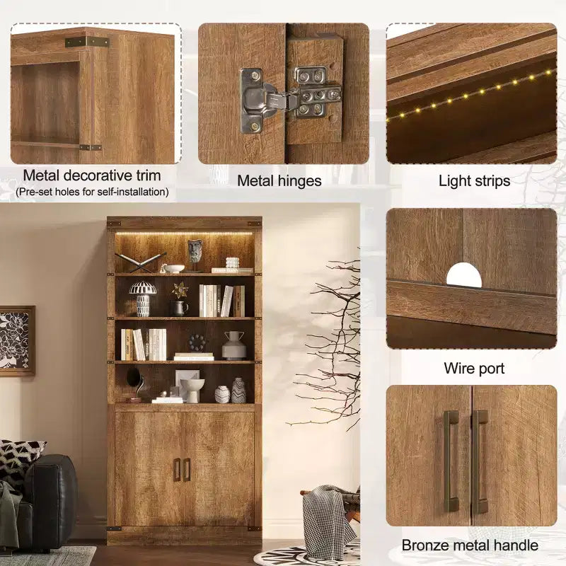 4-Tier Bookshelf Bookcase with LED Light, Adjustable Shelves & Cabinet Doors, Walnut Retro Farmhouse