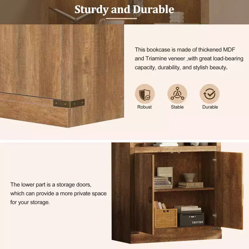 4-Tier Bookshelf Bookcase with LED Light, Adjustable Shelves & Cabinet Doors, Walnut Retro Farmhouse