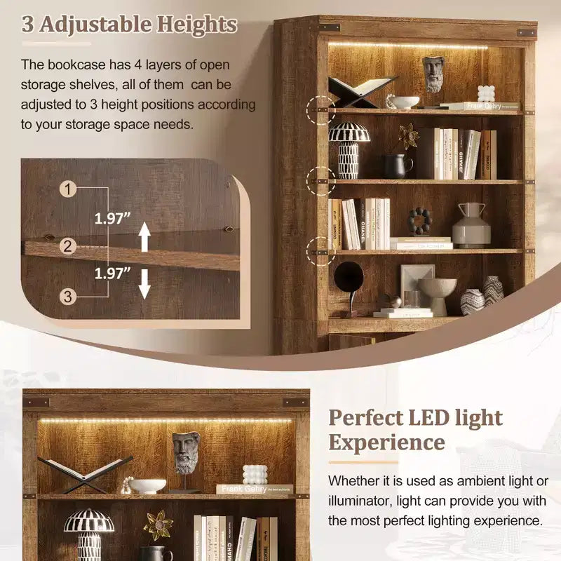 4-Tier Bookshelf Bookcase with LED Light, Adjustable Shelves & Cabinet Doors, Walnut Retro Farmhouse