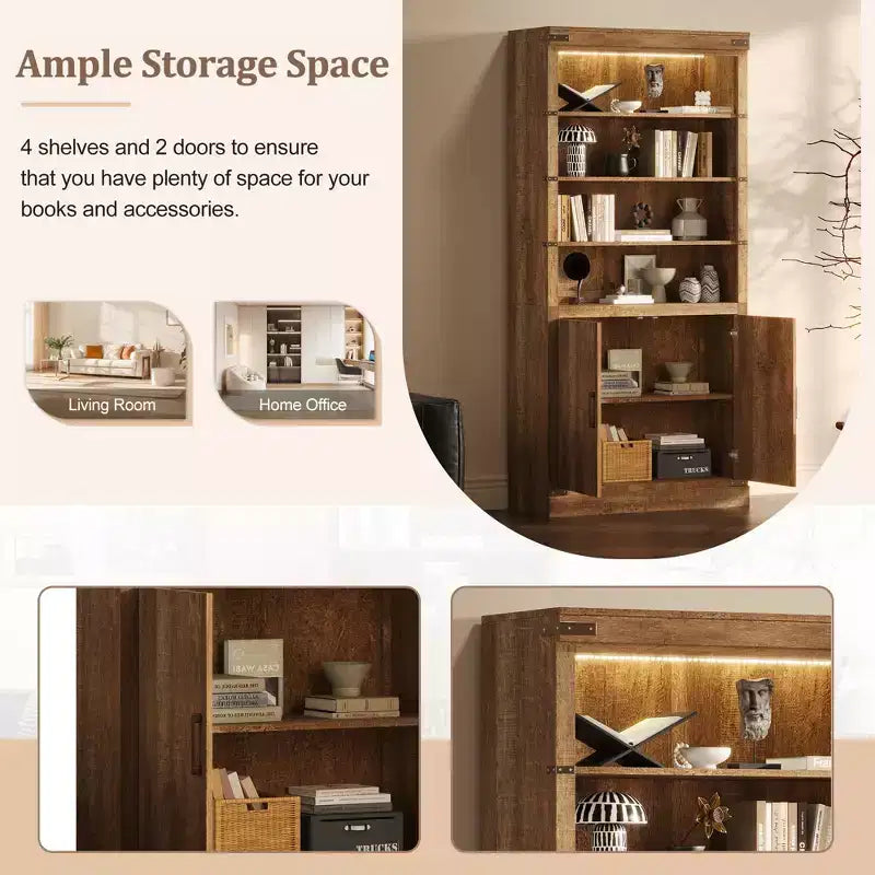 4-Tier Bookshelf Bookcase with LED Light, Adjustable Shelves & Cabinet Doors, Walnut Retro Farmhouse