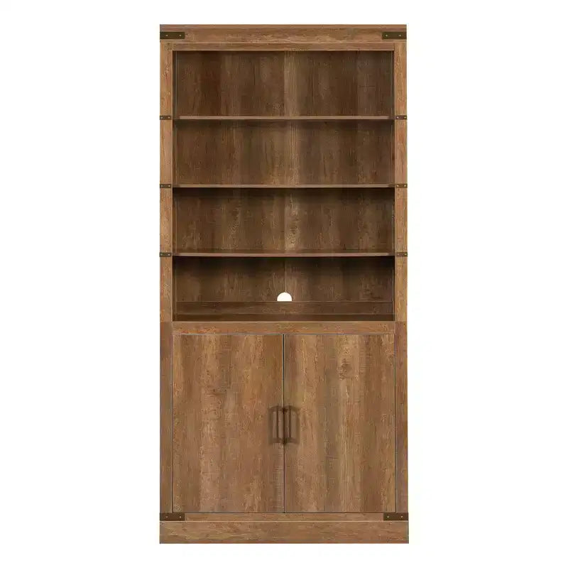 4-Tier Bookshelf Bookcase with LED Light, Adjustable Shelves & Cabinet Doors, Walnut Retro Farmhouse