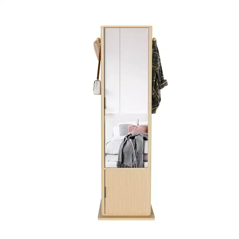 360 Rotating Coat Rack Freestanding Bookshelf Hall Tree Makeup Jewelry Cabinet with Full-Length Mirror, Hooks & Open Shelf
