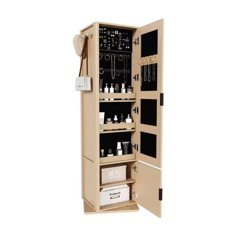 360 Rotating Coat Rack Freestanding Bookshelf Hall Tree Makeup Jewelry Cabinet with Full-Length Mirror, Hooks & Open Shelf
