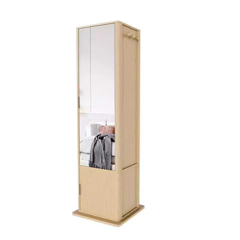 360 Rotating Coat Rack Freestanding Bookshelf Hall Tree Makeup Jewelry Cabinet with Full-Length Mirror, Hooks & Open Shelf