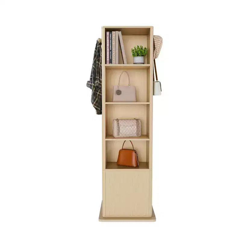 360 Rotating Coat Rack Freestanding Bookshelf Hall Tree Makeup Jewelry Cabinet with Full-Length Mirror, Hooks & Open Shelf