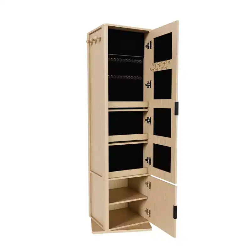 360 Rotating Coat Rack Freestanding Bookshelf Hall Tree Makeup Jewelry Cabinet with Full-Length Mirror, Hooks & Open Shelf