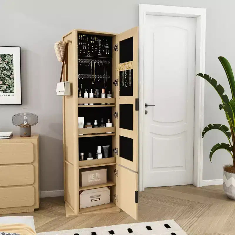 360 Rotating Coat Rack Freestanding Bookshelf Hall Tree Makeup Jewelry Cabinet with Full-Length Mirror, Hooks & Open Shelf