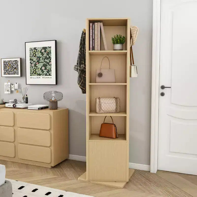 360 Rotating Coat Rack Freestanding Bookshelf Hall Tree Makeup Jewelry Cabinet with Full-Length Mirror, Hooks & Open Shelf