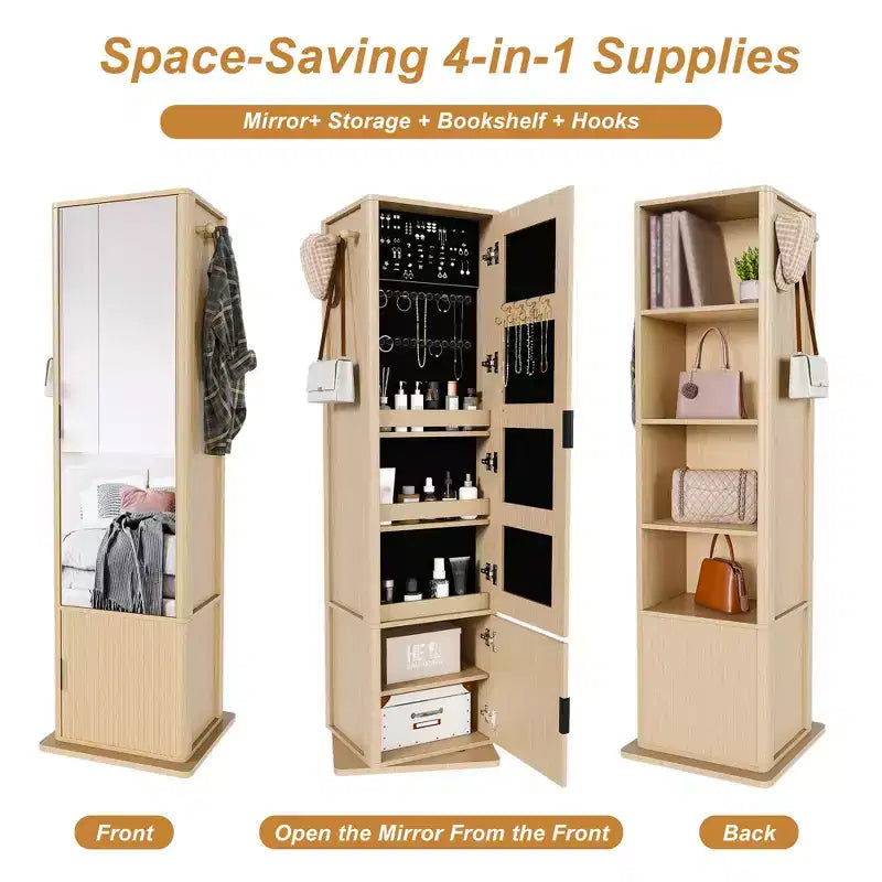 360 Rotating Coat Rack Freestanding Bookshelf Hall Tree Makeup Jewelry Cabinet with Full-Length Mirror, Hooks & Open Shelf