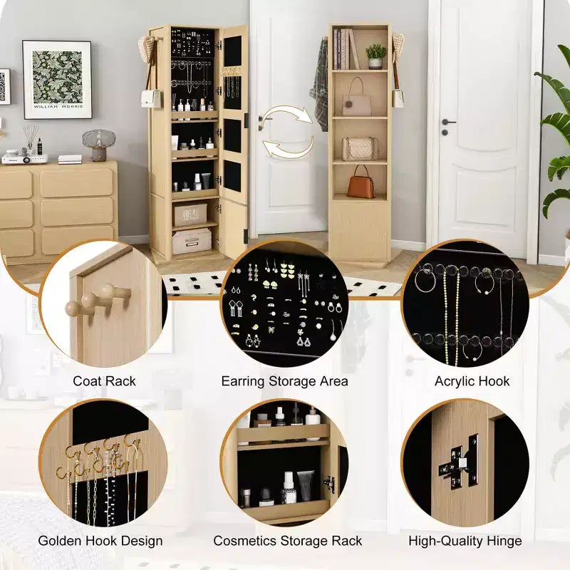 360 Rotating Coat Rack Freestanding Bookshelf Hall Tree Makeup Jewelry Cabinet with Full-Length Mirror, Hooks & Open Shelf