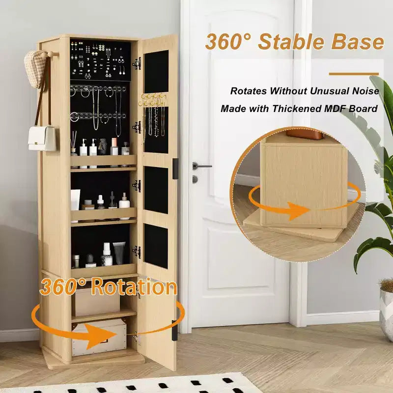 360 Rotating Coat Rack Freestanding Bookshelf Hall Tree Makeup Jewelry Cabinet with Full-Length Mirror, Hooks & Open Shelf