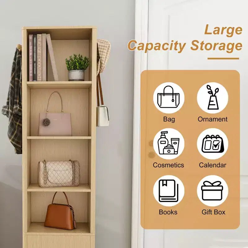 360 Rotating Coat Rack Freestanding Bookshelf Hall Tree Makeup Jewelry Cabinet with Full-Length Mirror, Hooks & Open Shelf