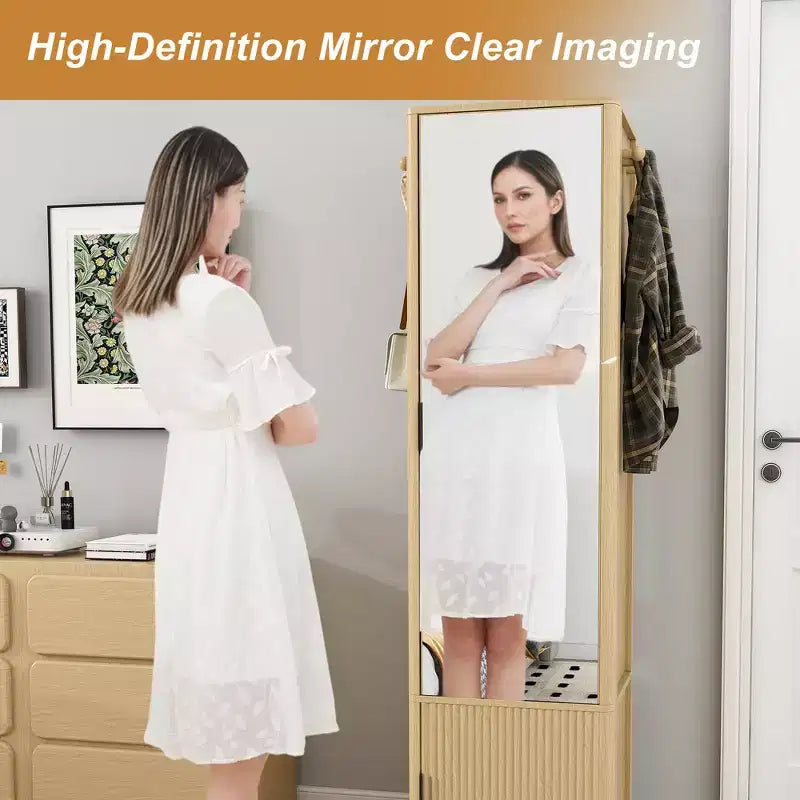 360 Rotating Coat Rack Freestanding Bookshelf Hall Tree Makeup Jewelry Cabinet with Full-Length Mirror, Hooks & Open Shelf