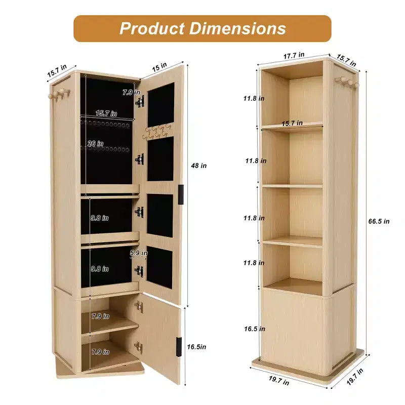 360 Rotating Coat Rack Freestanding Bookshelf Hall Tree Makeup Jewelry Cabinet with Full-Length Mirror, Hooks & Open Shelf