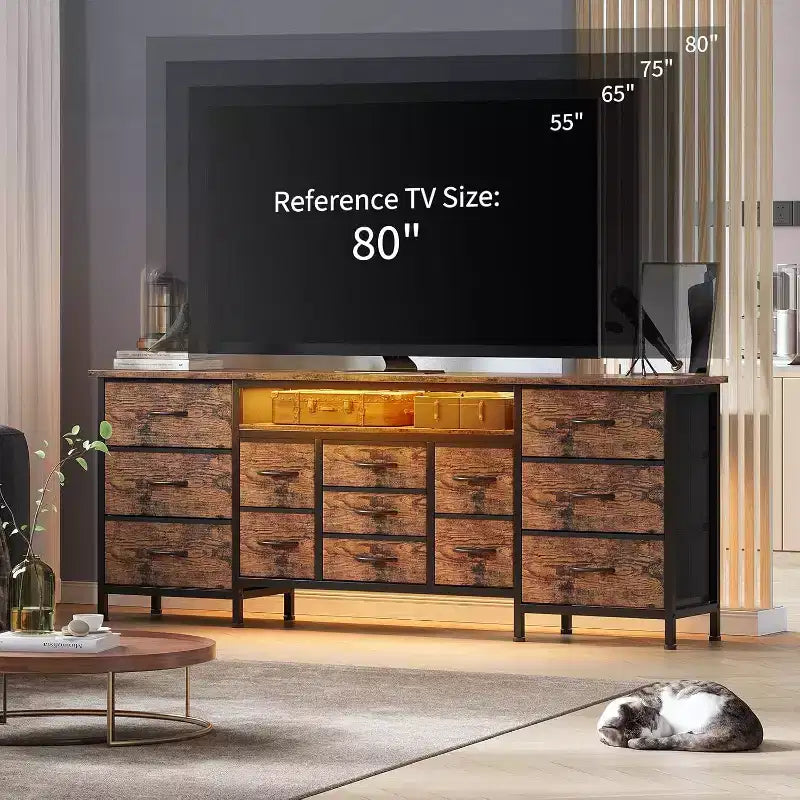 70 Inch 13-Drawer Dresser and TV Stand, Multi-Functional Storage Organizer for 65-80 Inch TVs, Fabric Cabinet for Bedroom and Living Room