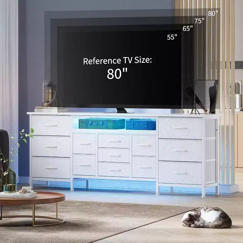 70 Inch 13-Drawer Dresser and TV Stand, Multi-Functional Storage Organizer for 65-80 Inch TVs, Fabric Cabinet for Bedroom and Living Room