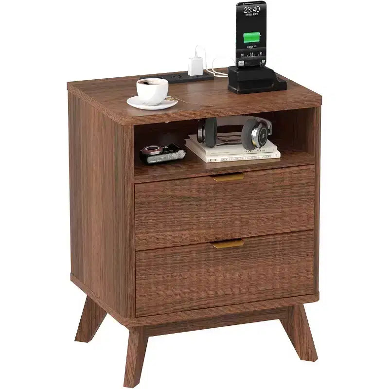 Fluted Nightstand with Charging Station,Bedside Table with 2 Storage Drawers,End Table with 2 Drawers and Solid Wood Legs