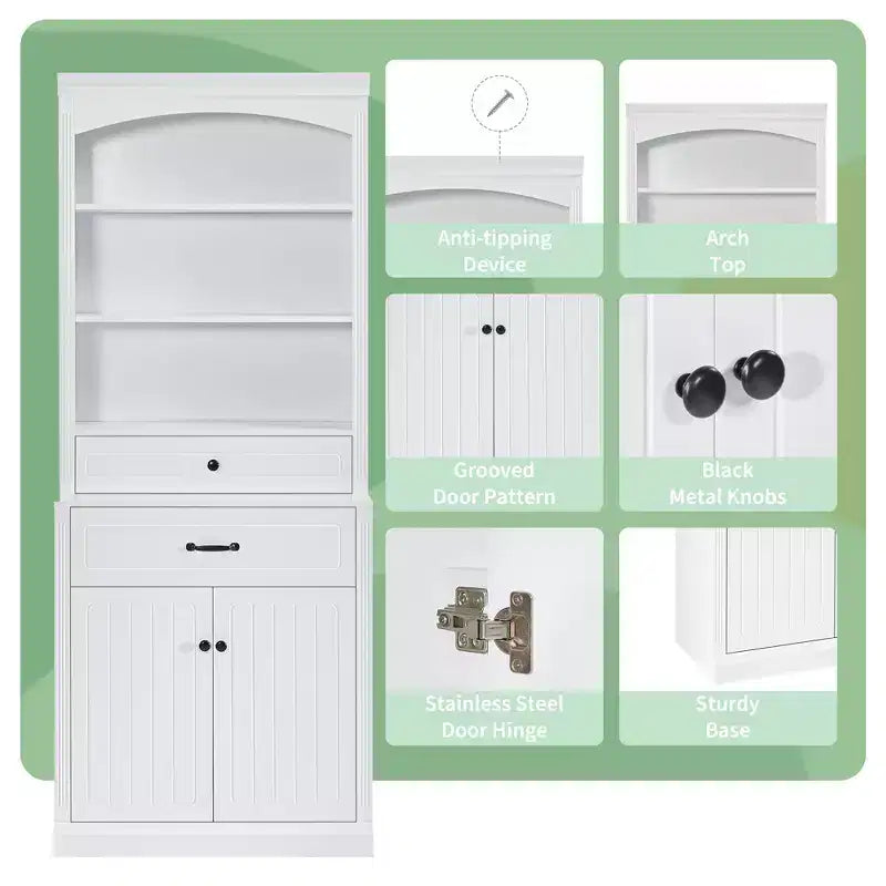 78 Tall Cabinet with Doors and Drawers, Freestanding Storage Bookshelf Bookcase Pantry Space Saver White