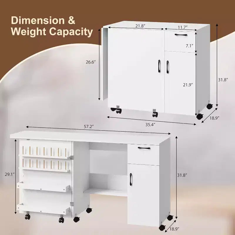 Folding Sewing Machine Table, Multipurpose Craft Station with Storage Shelves & Lockable Wheels, Rolling Sewing Desk Station for Home, Bedroom