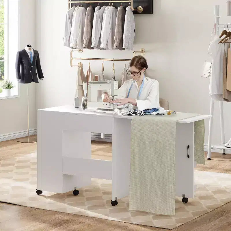 Folding Sewing Machine Table, Multipurpose Craft Station with Storage Shelves & Lockable Wheels, Rolling Sewing Desk Station for Home, Bedroom