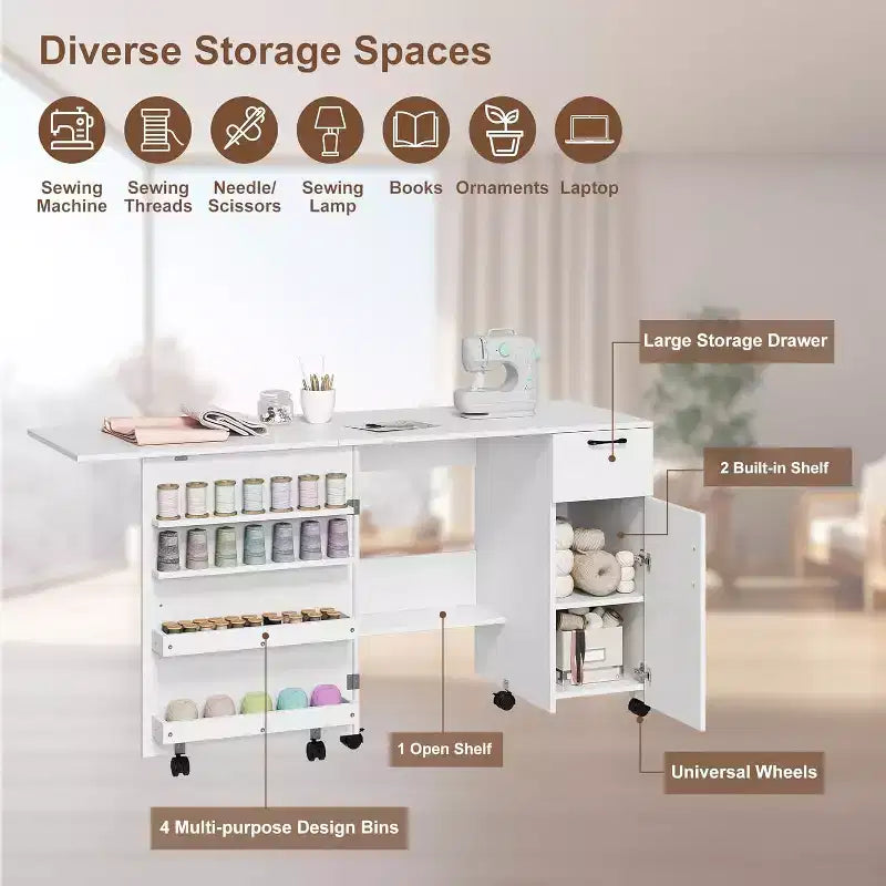 Folding Sewing Machine Table, Multipurpose Craft Station with Storage Shelves & Lockable Wheels, Rolling Sewing Desk Station for Home, Bedroom