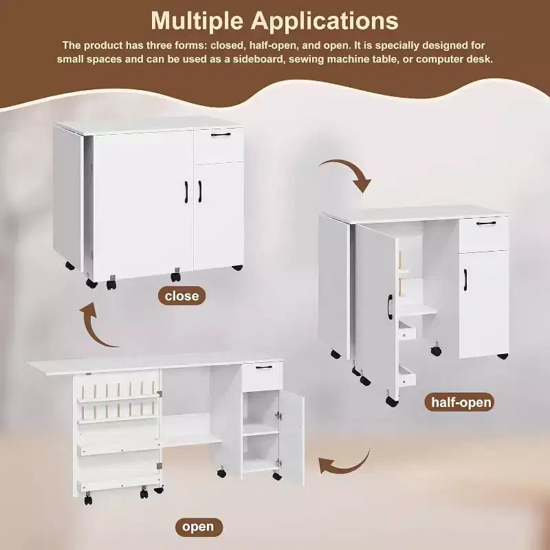 Folding Sewing Machine Table, Multipurpose Craft Station with Storage Shelves & Lockable Wheels, Rolling Sewing Desk Station for Home, Bedroom