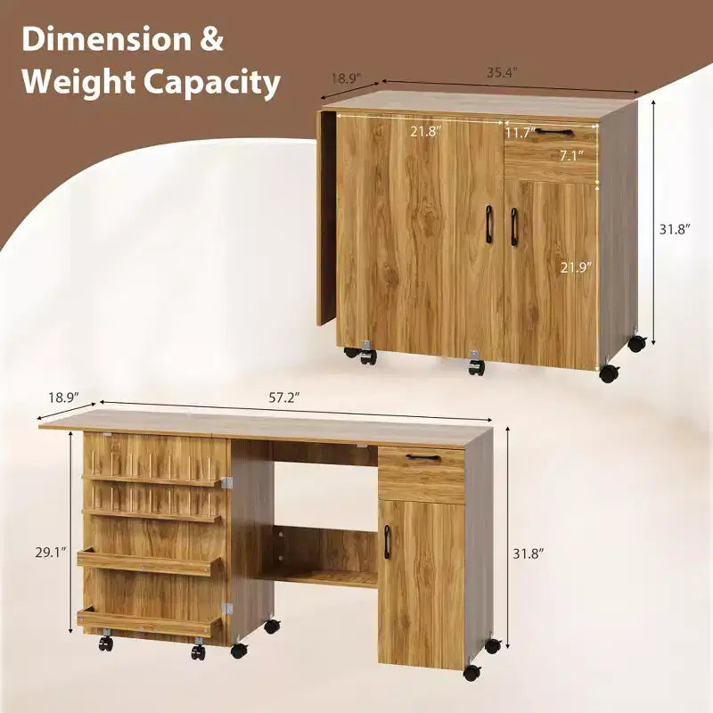 Folding Sewing Machine Table, Multipurpose Craft Station with Storage Shelves & Lockable Wheels, Rolling Sewing Desk Station for Home, Bedroom