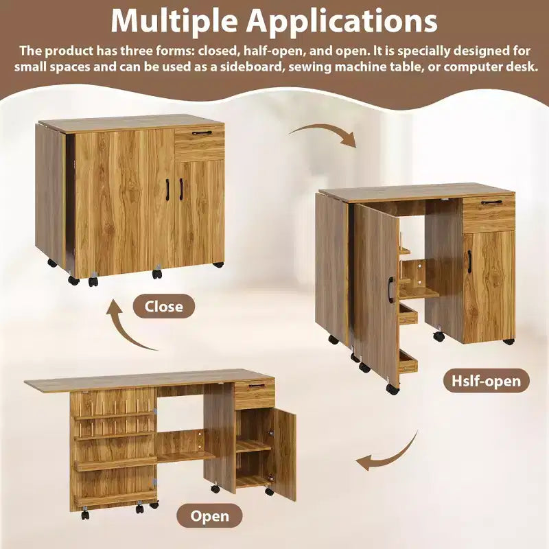 Folding Sewing Machine Table, Multipurpose Craft Station with Storage Shelves & Lockable Wheels, Rolling Sewing Desk Station for Home, Bedroom