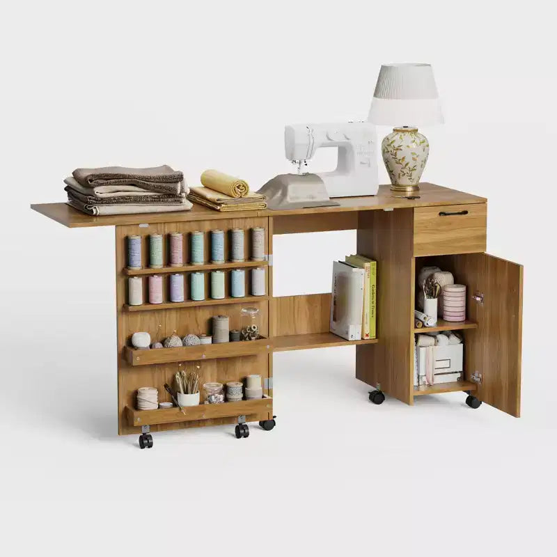 Folding Sewing Machine Table, Multipurpose Craft Station with Storage Shelves & Lockable Wheels, Rolling Sewing Desk Station for Home, Bedroom