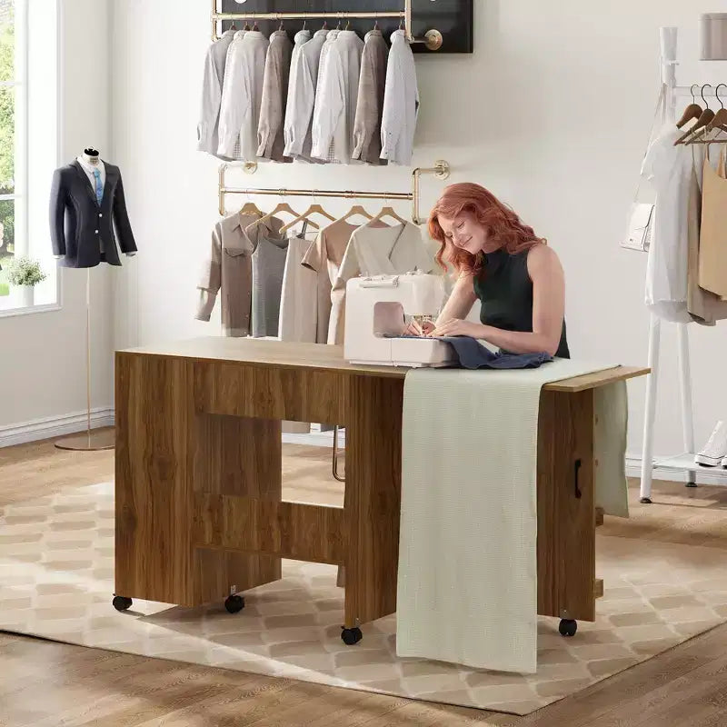 Folding Sewing Machine Table, Multipurpose Craft Station with Storage Shelves & Lockable Wheels, Rolling Sewing Desk Station for Home, Bedroom