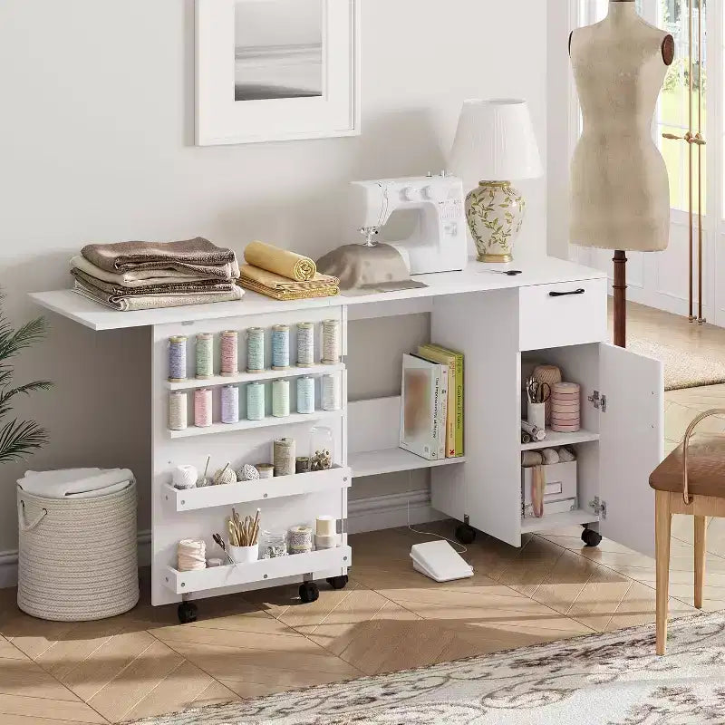 Folding Sewing Machine Table, Multipurpose Craft Station with Storage Shelves & Lockable Wheels, Rolling Sewing Desk Station for Home, Bedroom