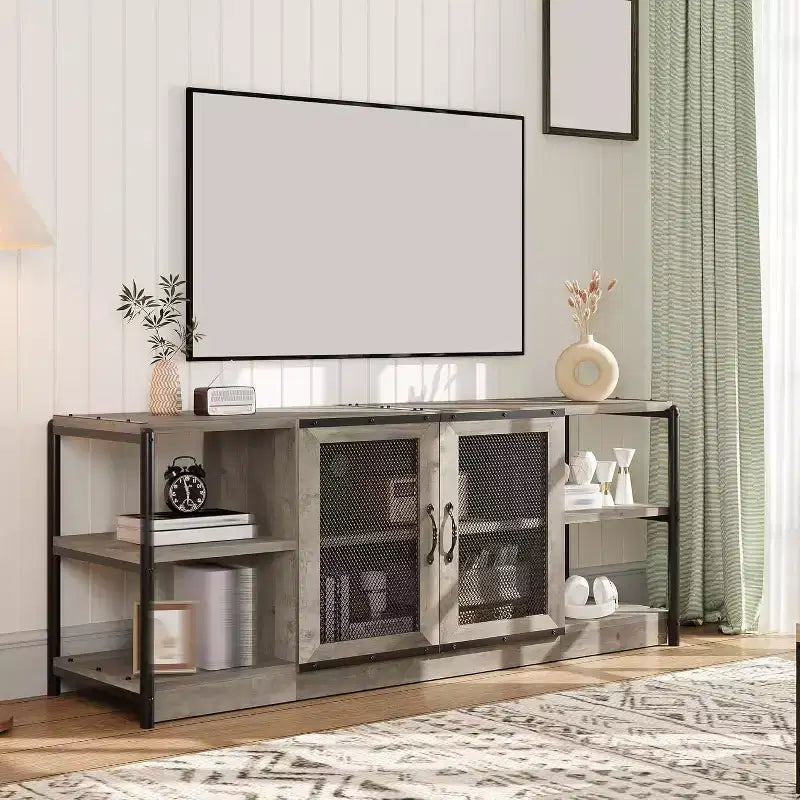 Farmhouse TV Stand for 65/75 inches TVs, Entertainment Center with Storage Cabinet, Industrial Media Console Cabinet Table