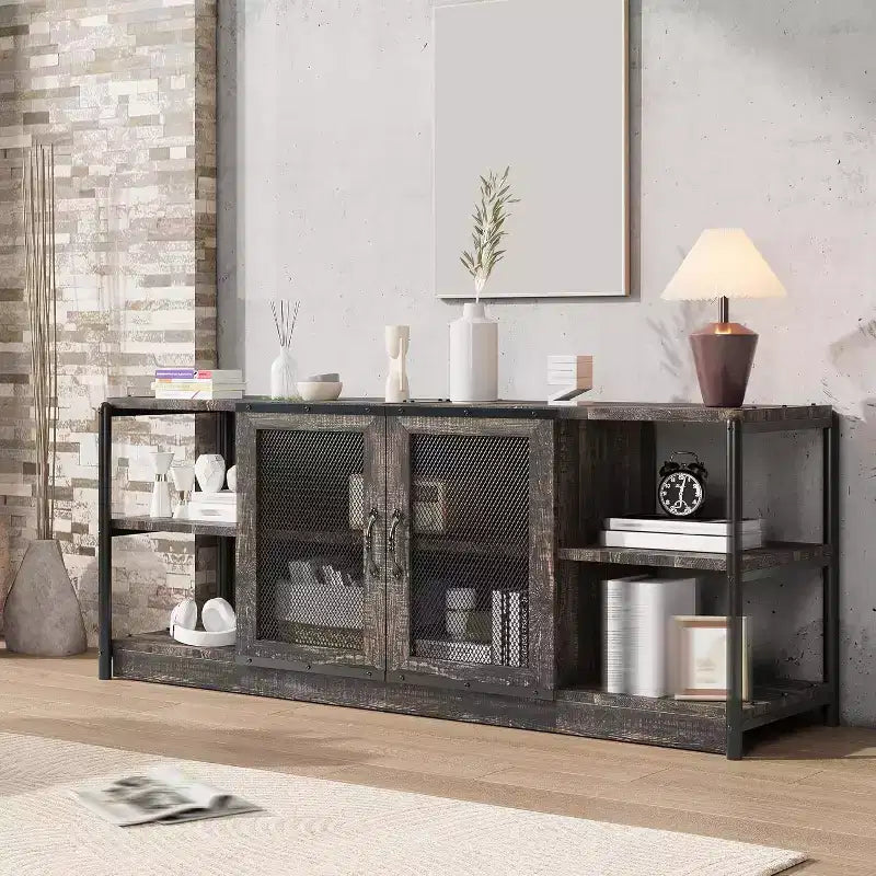 Farmhouse TV Stand for 65/75 inches TVs, Entertainment Center with Storage Cabinet, Industrial Media Console Cabinet Table