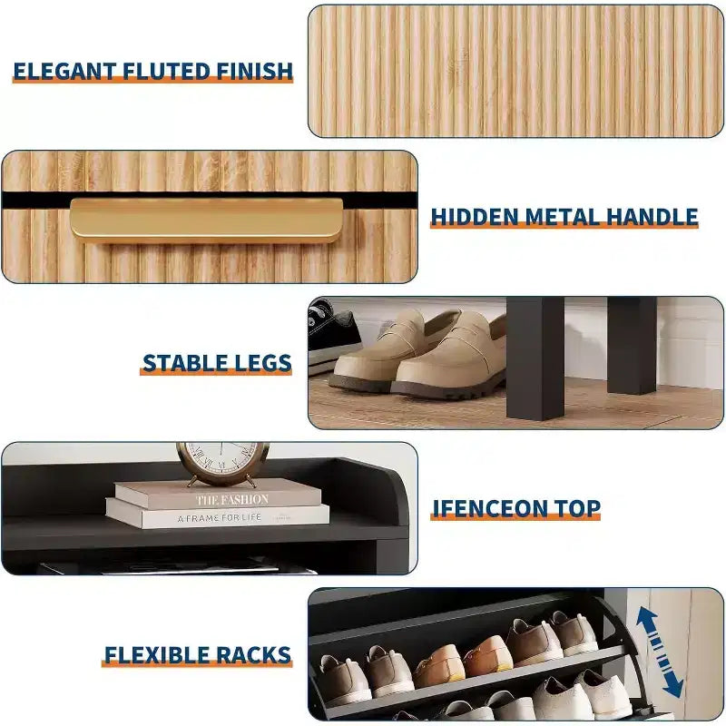 Shoe Storage Cabinet with 4 Flip Drawers, Fluted Narrow Shoe Organizer with Legs, Black + Natural Oak