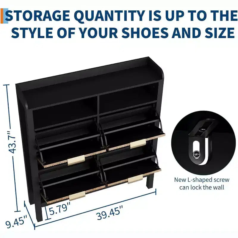 Shoe Storage Cabinet with 4 Flip Drawers, Fluted Narrow Shoe Organizer with Legs, Black + Natural Oak