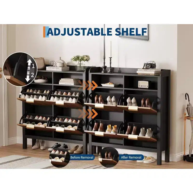 Shoe Storage Cabinet with 4 Flip Drawers, Fluted Narrow Shoe Organizer with Legs, Black + Natural Oak