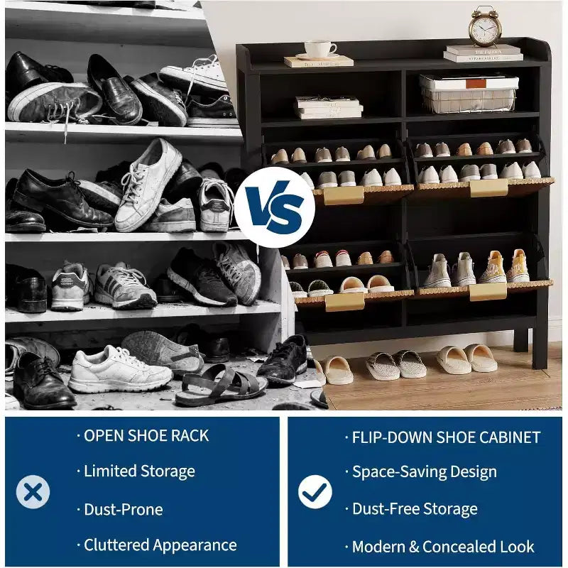 Shoe Storage Cabinet with 4 Flip Drawers, Fluted Narrow Shoe Organizer with Legs, Black + Natural Oak