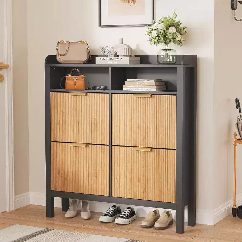 Shoe Storage Cabinet with 4 Flip Drawers, Fluted Narrow Shoe Organizer with Legs, Black + Natural Oak