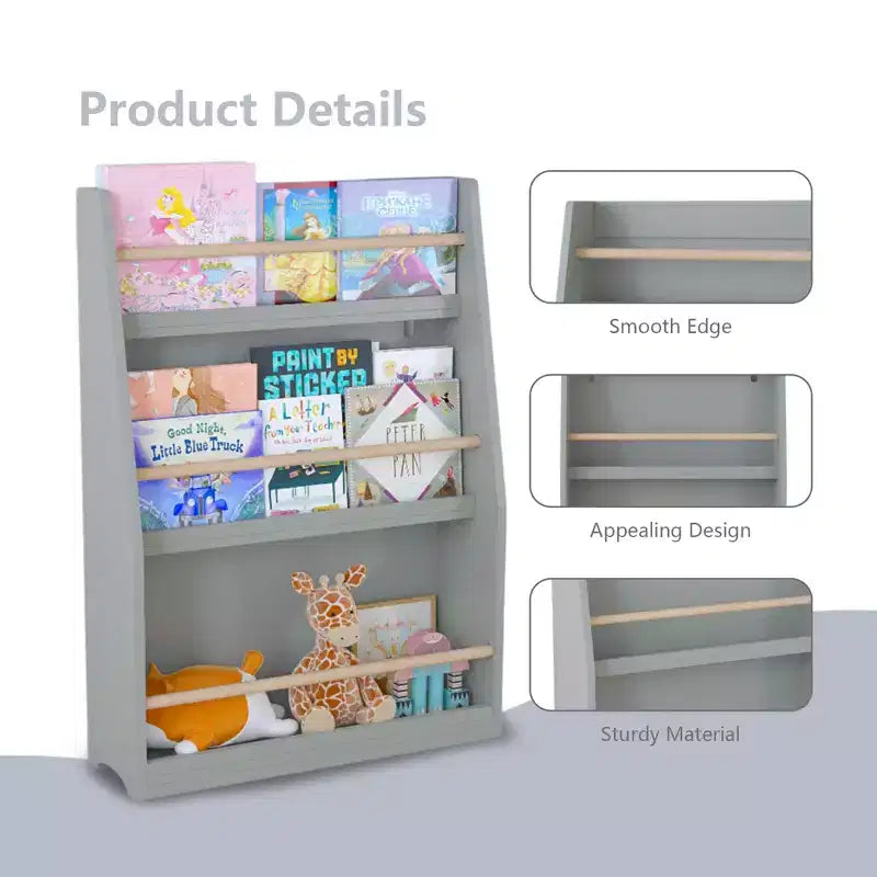 3-Tier Kids Book Shelf, Book Rack for Bedrooms, Playrooms and Classrooms, Gray