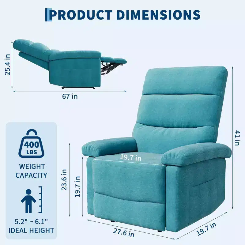 Manual Recliner Chair for Adults, Ergonomic Fabric Single Sofa with Back Support, Side Pocket, Adjustable Reclining Chair for Living Room, Bedroom