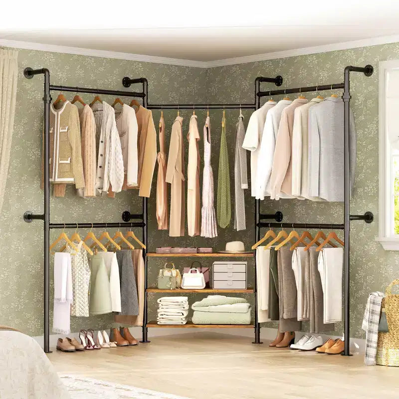 84-128" Metal Pipe Clothing Rack, Wall Mounted Garment Rack