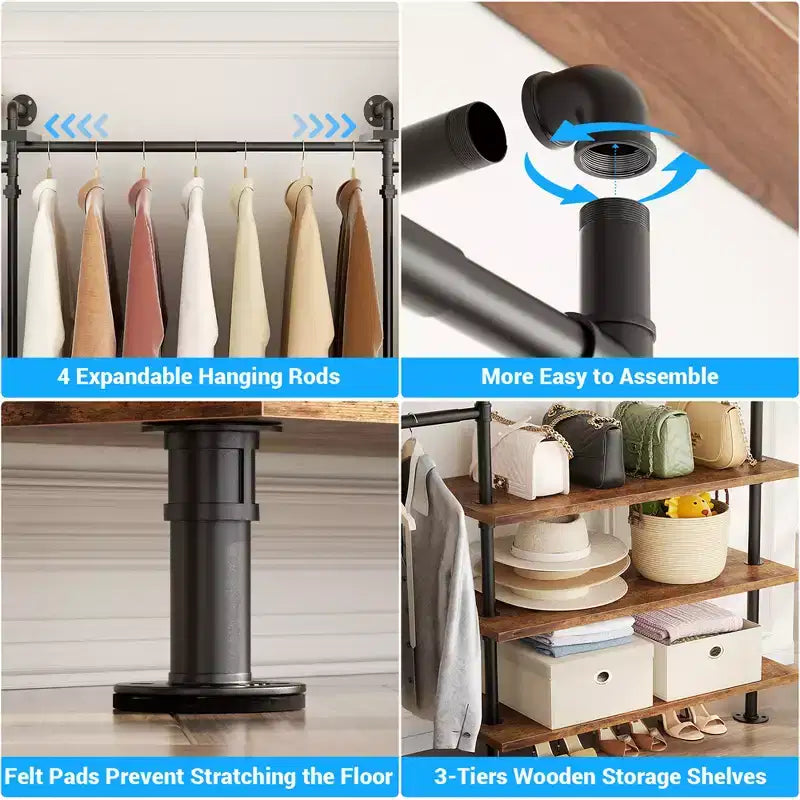 84-128" Metal Pipe Clothing Rack, Wall Mounted Garment Rack