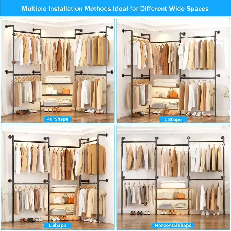 84-128" Metal Pipe Clothing Rack, Wall Mounted Garment Rack